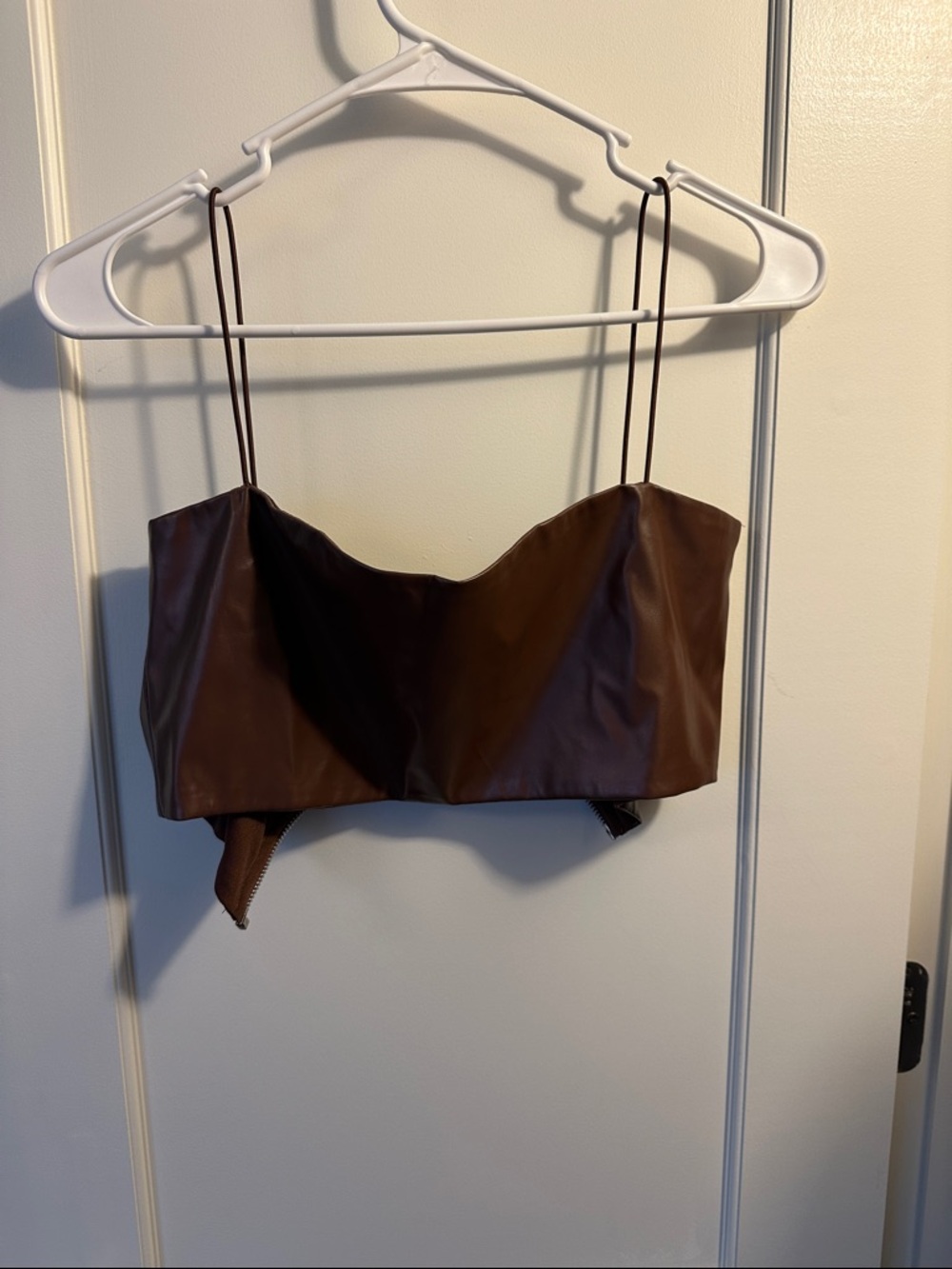 Brown Faux Leather Crop Top with Thin Straps
